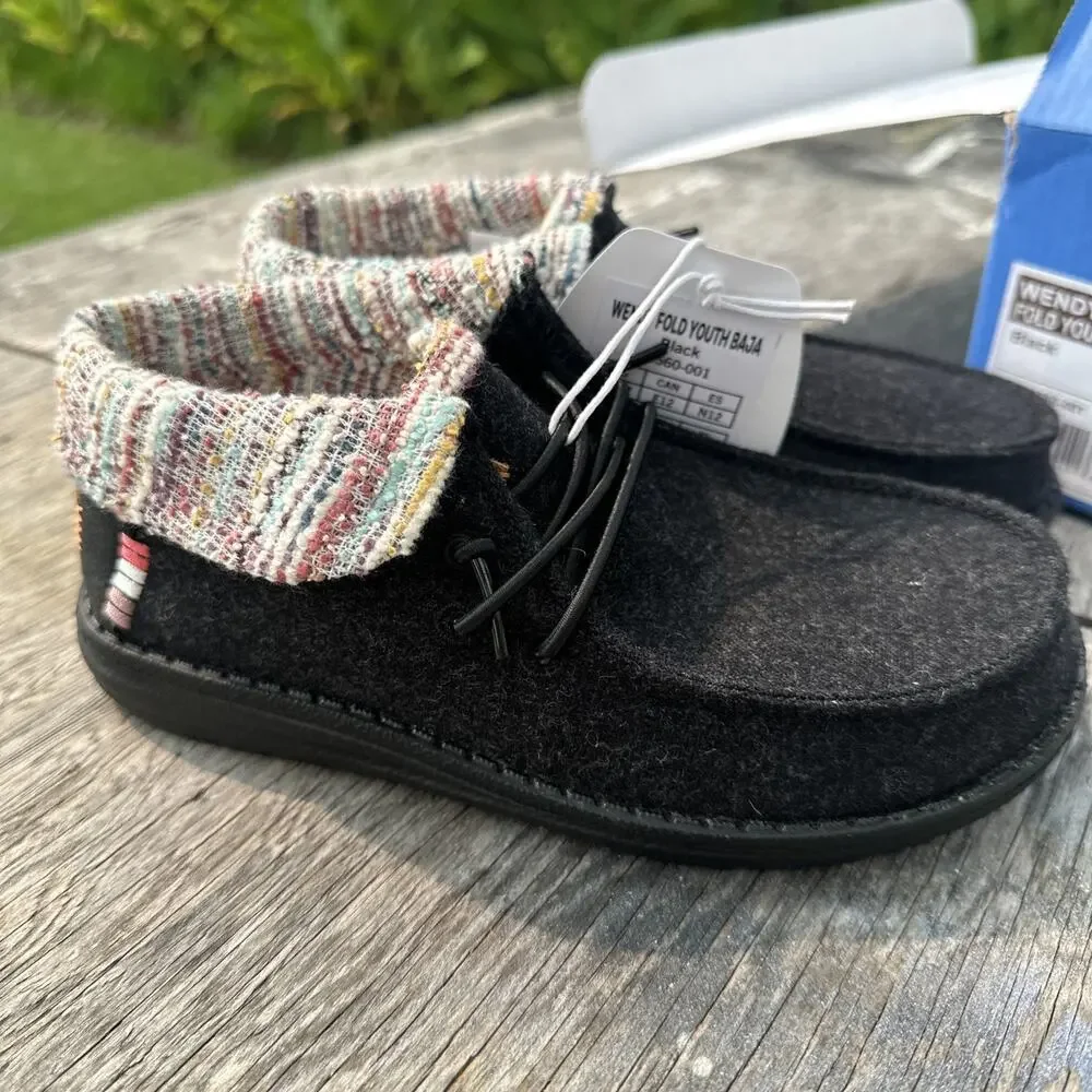 Hey Dude Wendy Fold Youth Baja Black Slip On Youth YD 12 NWB 970